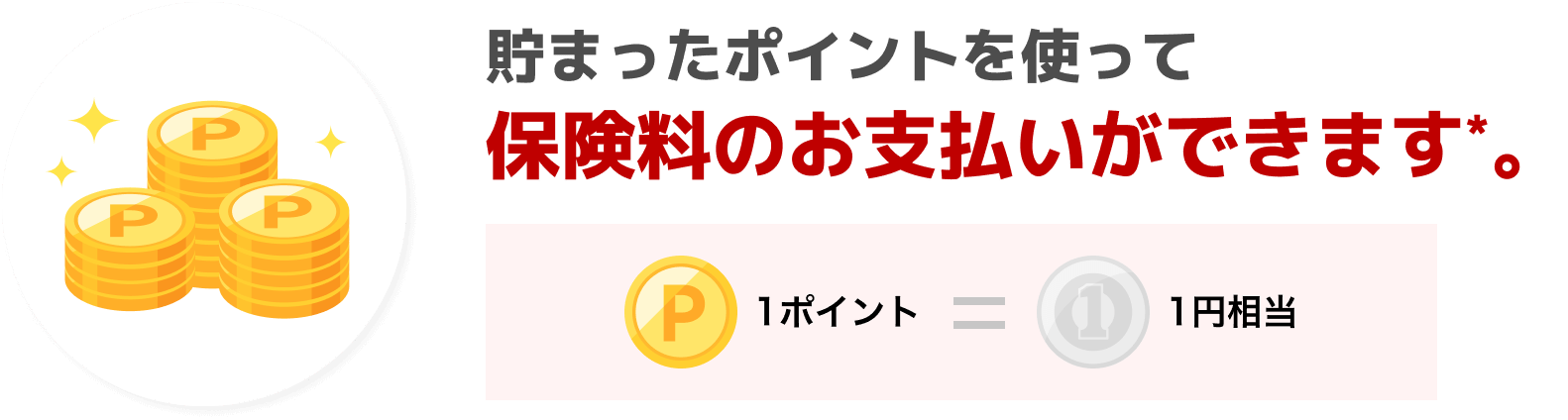 貯まったポイントを使って保険料のお支払いができます*。1ポイント=1円相当