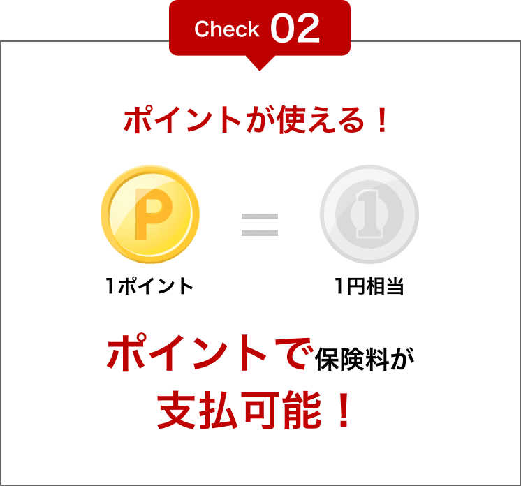 Check 02 ポイントが使える！ 1ポイント=1円相当 ポイントで保険料が支払可能！